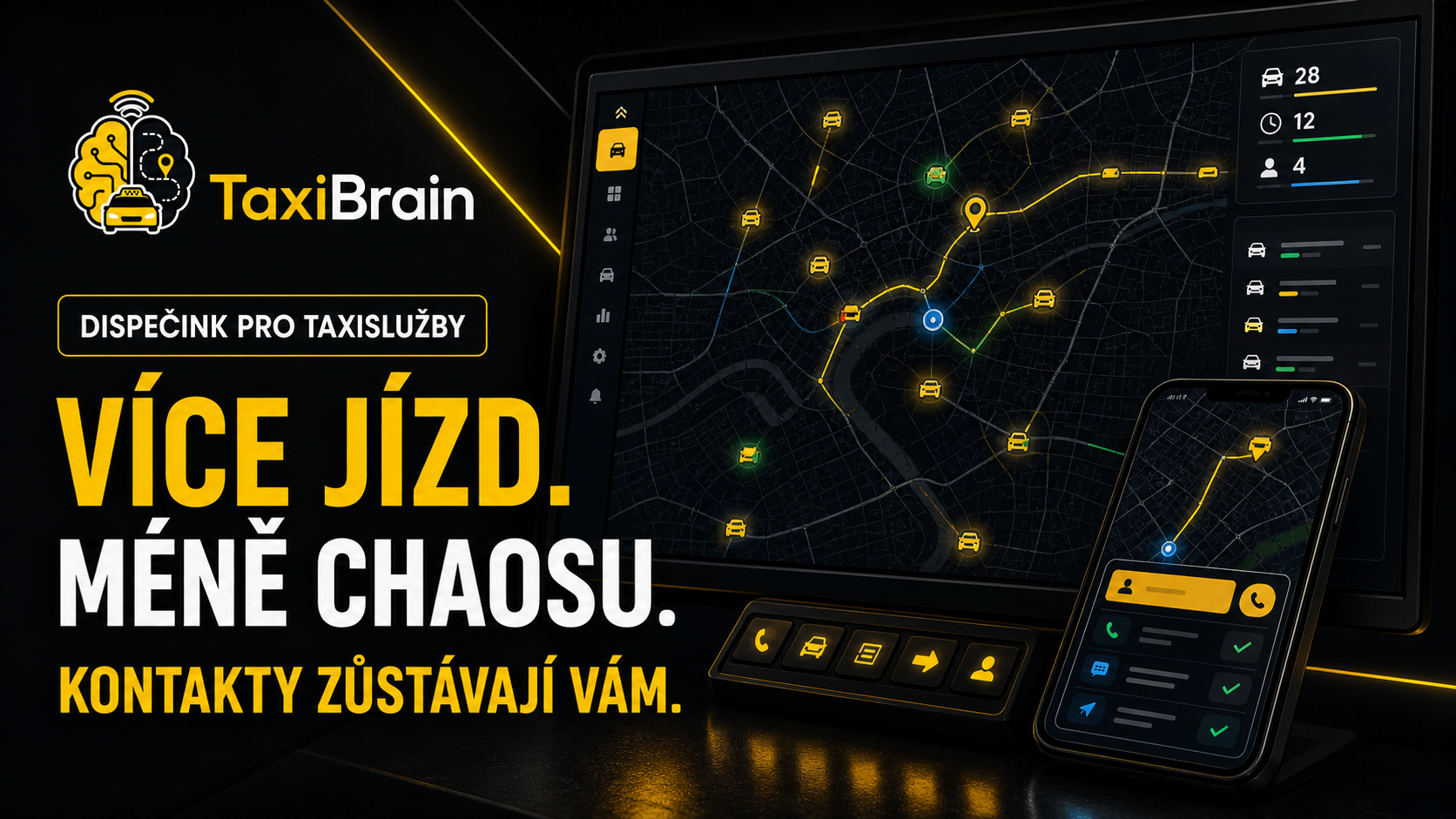 TaxiBrain – dispečink pro taxislužby. Více jízd, méně chaosu, kontakty zůstávají vám.